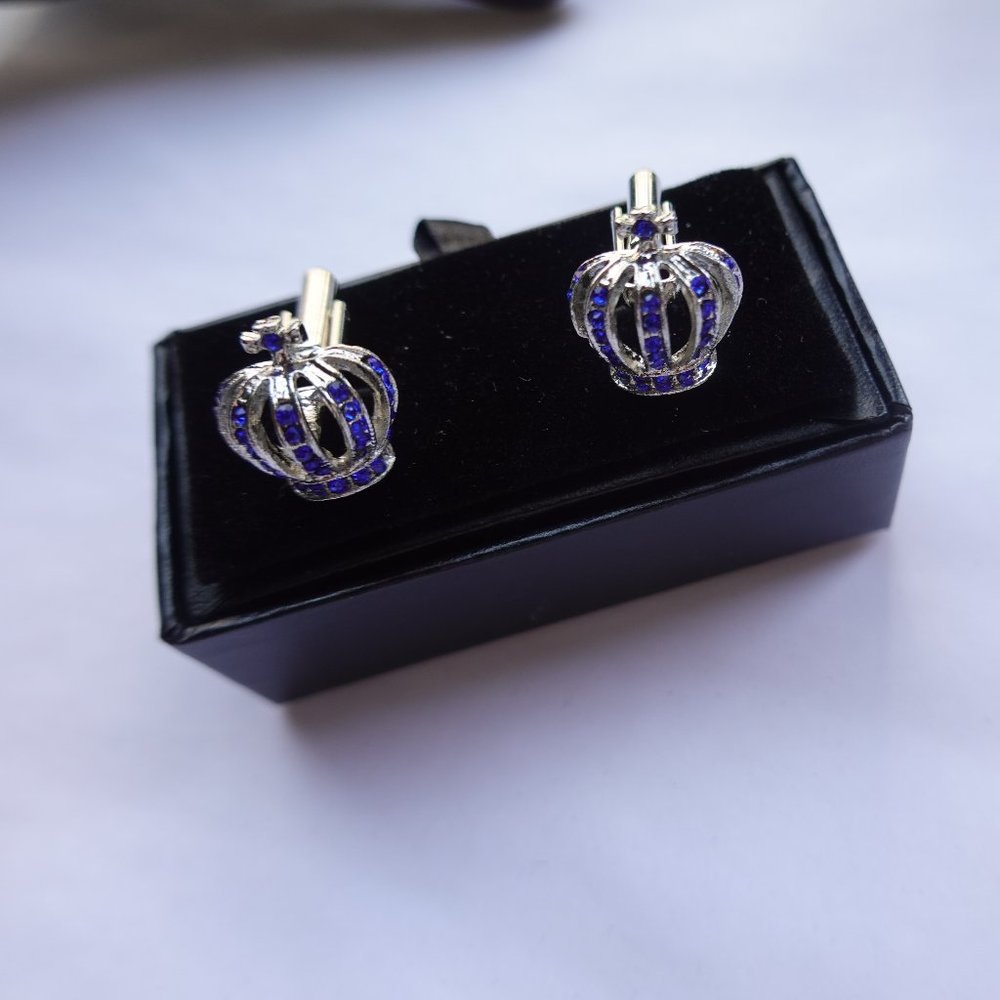 Blue Rhinestone Crown Cufflinks - Picture 1 of 2